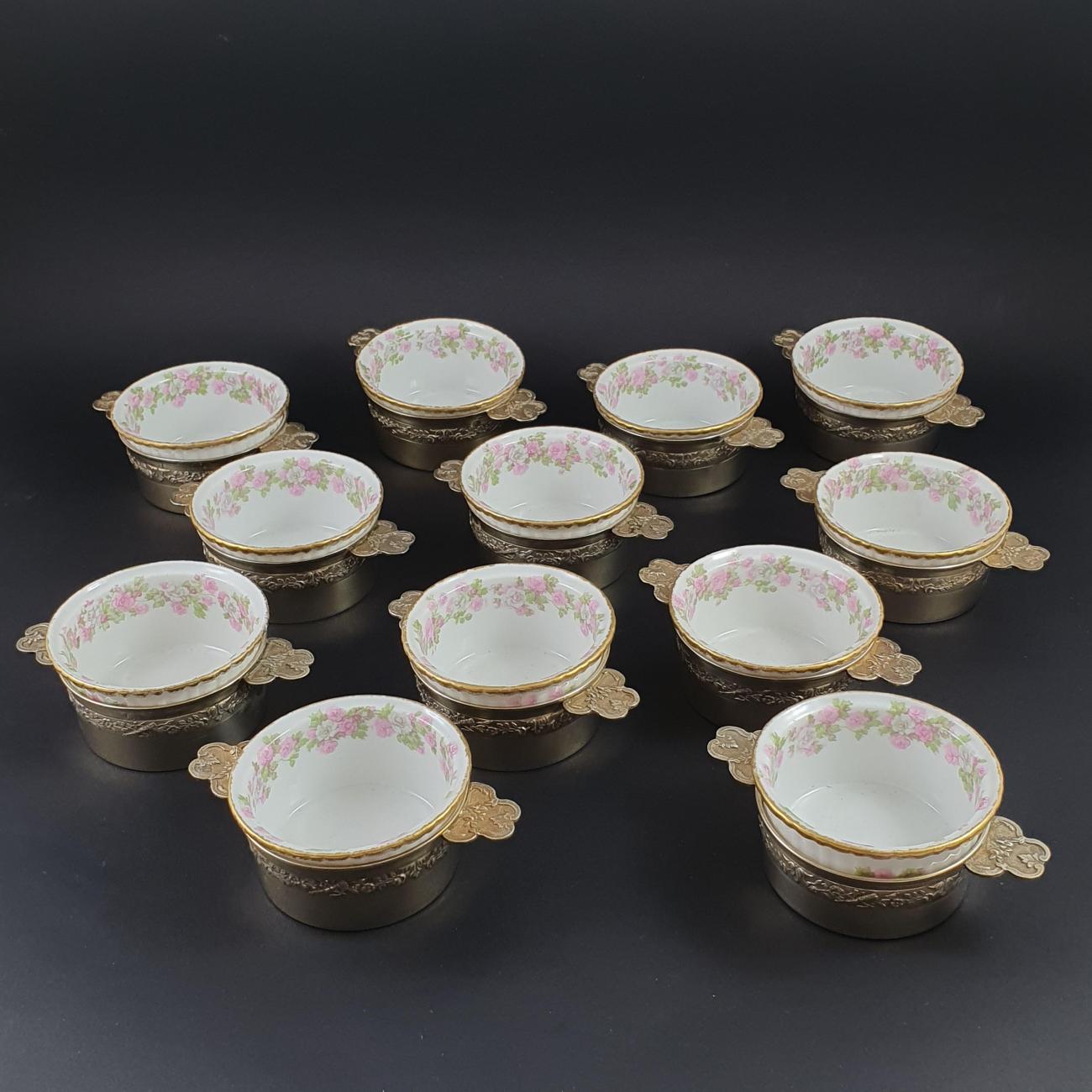 12 ramekins in Limoges porcelain and solid silver gilt