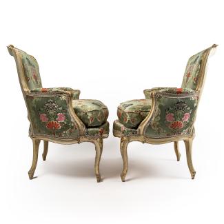 Pair of Louis XV period carved and lacquered beechwood Bergères by Louis-François Mayeux, 2