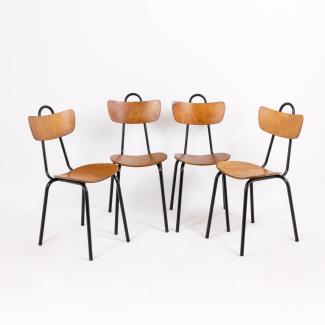 Set of four wood and metal chairs, 1950s