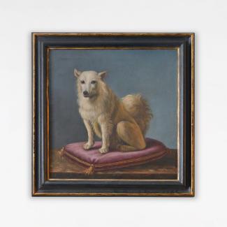 Dog on a cushion, painting by P.M. Bernard