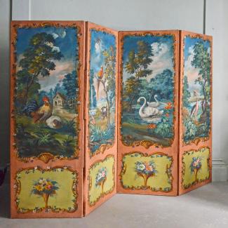 Painted canvas screen representing birds, face