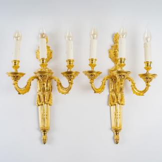 French Louis XVI Style Period Three Arm-lights Pair of Ormolu Chiseled Sconces