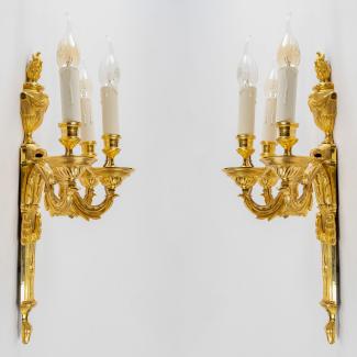 French Louis XVI Style Period Three Arm-lights Pair of Ormolu Chiseled Sconces, view 2