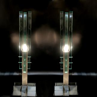 Pair of lamps in brushed steel and glass by Galloti & Radice