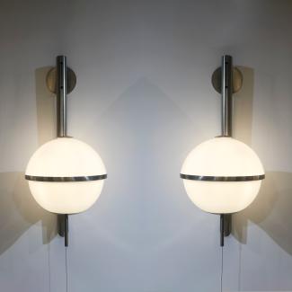 Pair of wall lamps in glass and brushed steel
