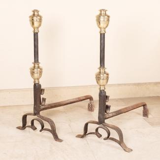 Large pair of wrought iron and brass andirons 16th century
