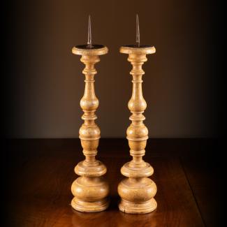 Pair of painted turned wood candlesticks of the Louis XIII period