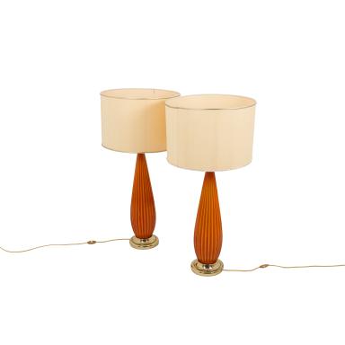 Pair of lamps in ribbed glass and gilt brass, 50's