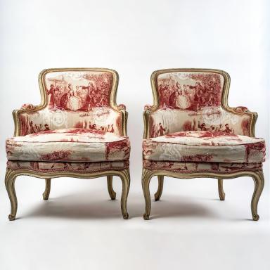 Stamped by Louis Delanois, French Louis XV Period Pair of Cabriolets Beechwood Carved Bergeres