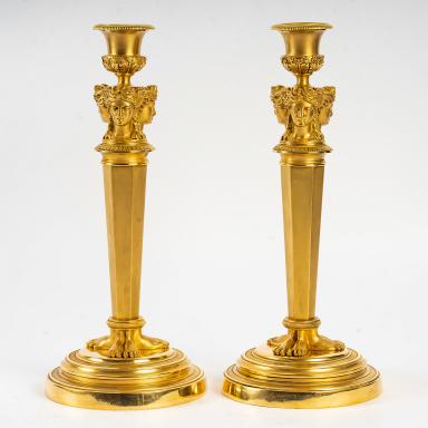 Claude Galle (Attributed to) - French Empire Period Pair of Chiseled Gilt Bronze Candlesticks, 1805-1810