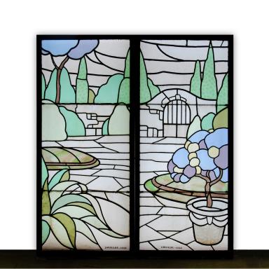 Art deco stained glass window with flower pot by Jules Larguillier