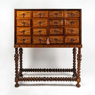 Cabinet in rosewood and fruitwood veneer and bone inlay Italy 18th century for Flea Market Paris