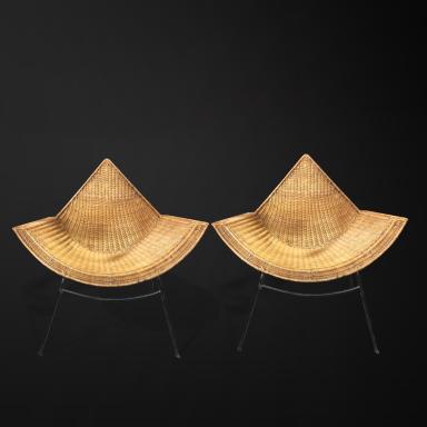 Rare pair of design wicker armchairs