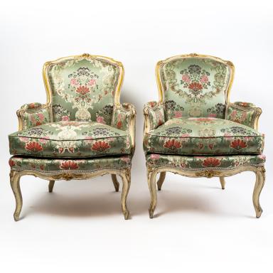 Pair of Louis XV period carved and lacquered beechwood Bergères by Louis-François Mayeux