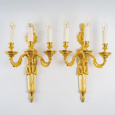 French Louis XVI Style Period Three Arm-lights Pair of Ormolu Chiseled Sconces