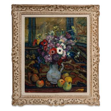 Painting by Emile Colinus (1884-1966). Bouquet of Anemones And Fruits. 
