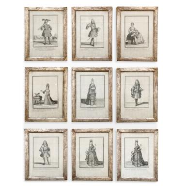 Set of 9 engravings representing characters of the court of Louis XIV