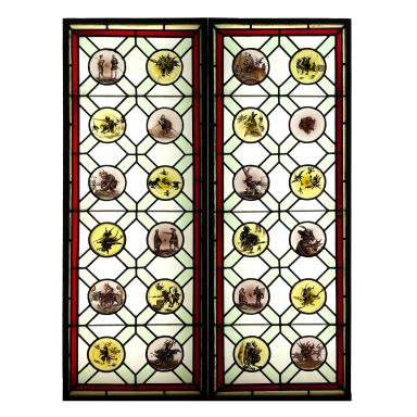 antiques for sale, Pair of stained glass windows with devils