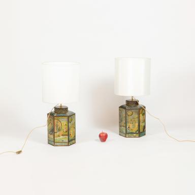 Pair of lamp mounted tea boxes, circa 1880