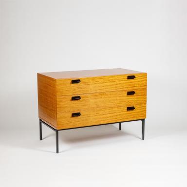 Varnished blond cherrywood chest of drawers by André Monpoix, 1960s.