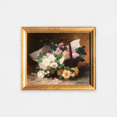 Painting by Eugène Cauchois titled Bouquet of roses in a basket.