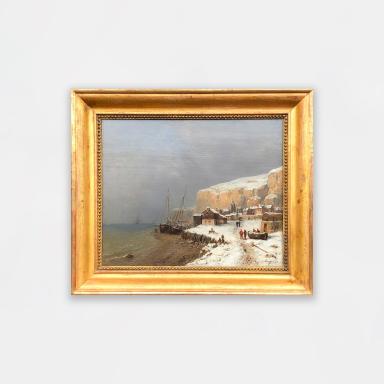 Painting by Tony François de Bergue titled Snow-covered Normandy coast