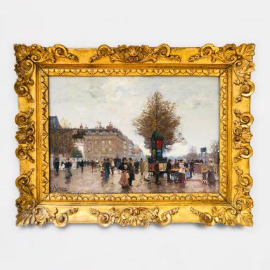 Painting by Jacques L'Huillier, titled Paris in the belle époque, entertainment on the Quai de l'Hôtel de Ville.