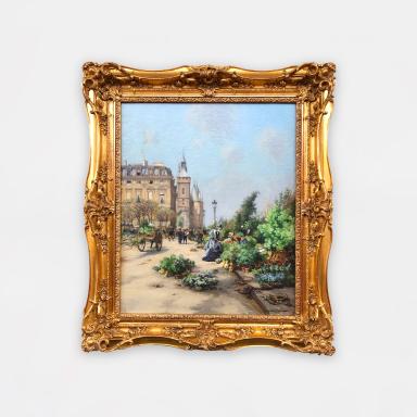 Painting by Emile Laborne titled Paris, the Flower Market and the Conciergerie