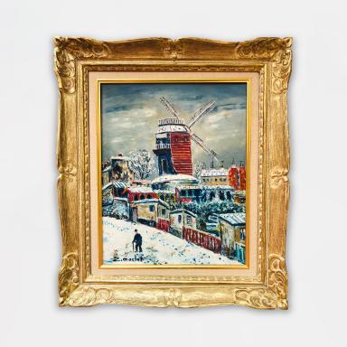 Painting by Elisée Maclet titled Paris, view of Montmartre, the Moulin de la Galette in the snow