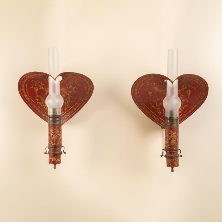 Pair of red painted tole wall sconces