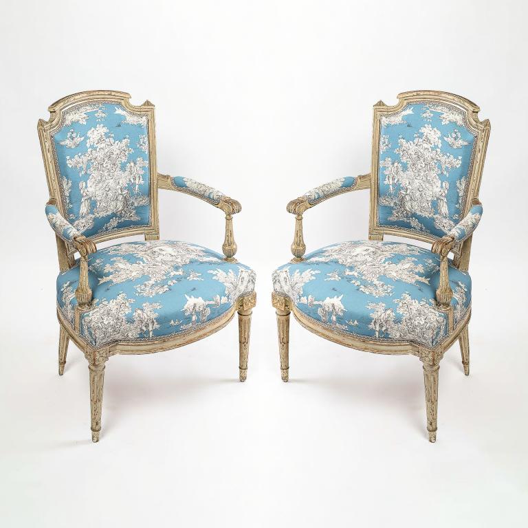 French Louis XVI Period, Lacquered-Fruitwood Pair of Armchairs Circa 1780 