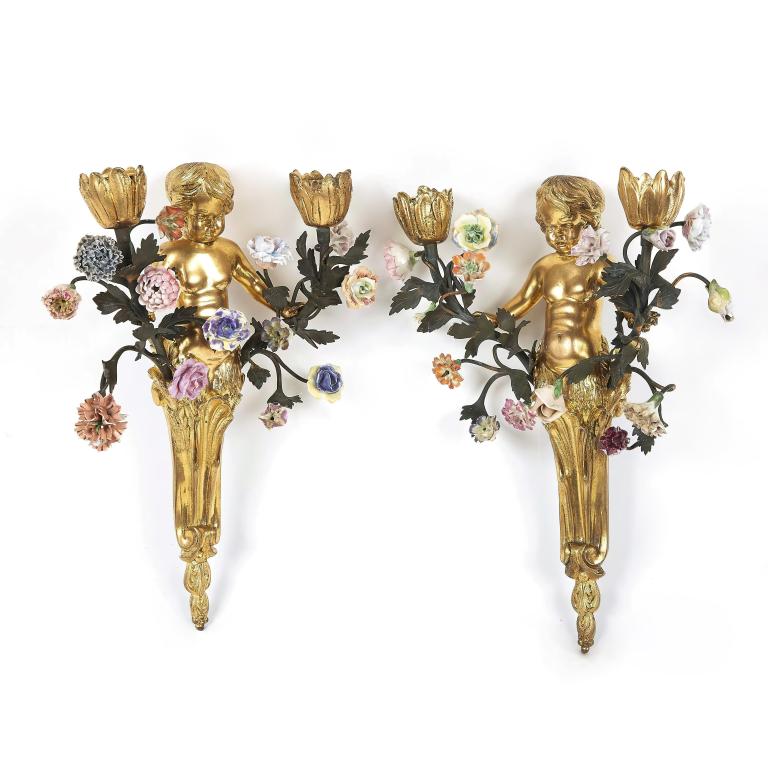Pair of Children Chiseled Ormolu Sconces Decorated with Porcelain Polychrome Flowered Bouquet