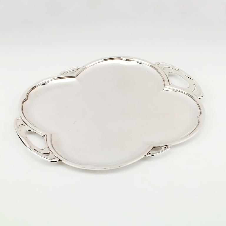 Four-lobed solid silver oval tray, art nouveau circa 1900