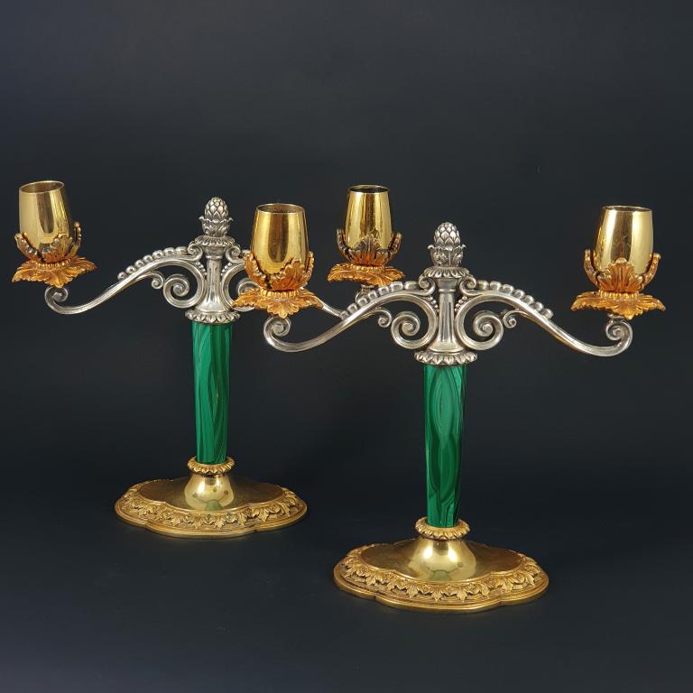Pair of candlesticks in solid silver, vermeil and malachite