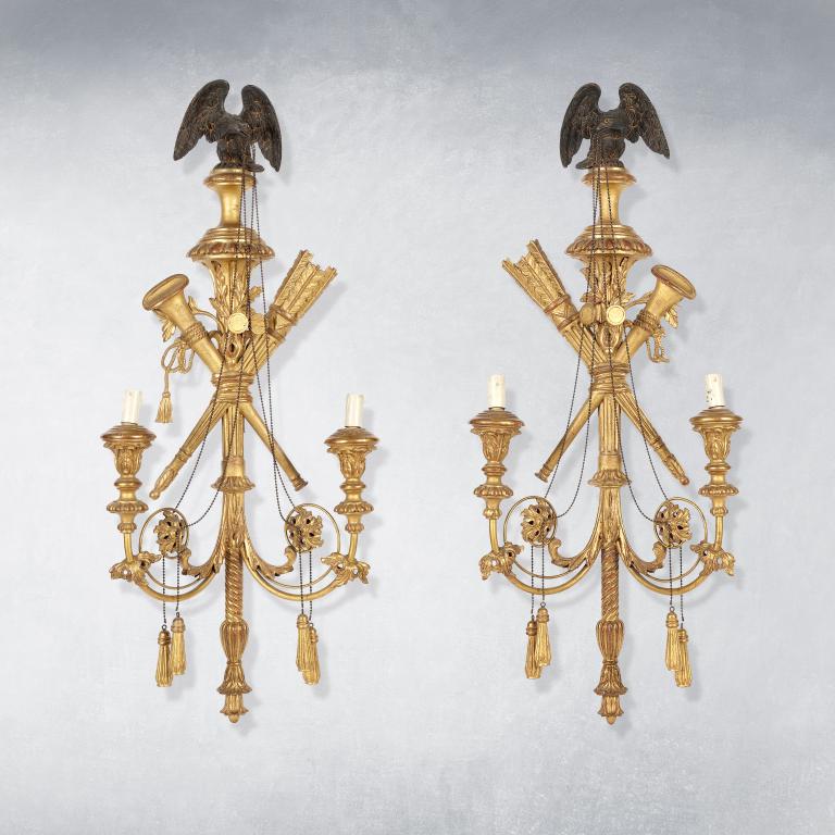 Pair of gilded wood sconces with eagle decoration
