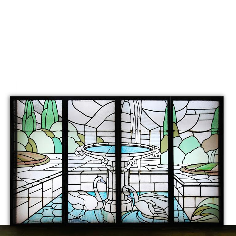 Art deco stained glass window with swans by Jules Larguillier