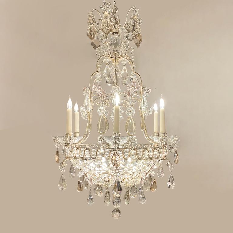 Large silver plated bronze chandelier with central stem