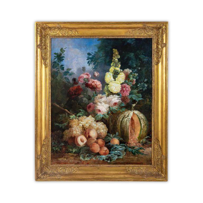 French Romantic School Bousquet of Roses Grapes Peaches and Melon 