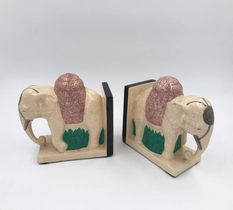 Rare pair of bookends with caparisoned Indian elephants
