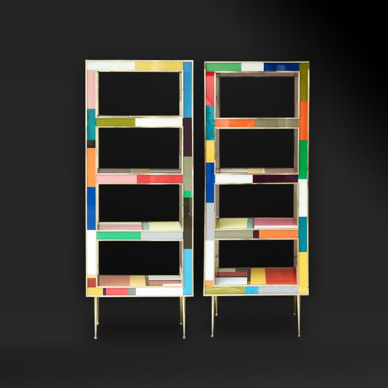 Pair of bookcases in stained glass and brass