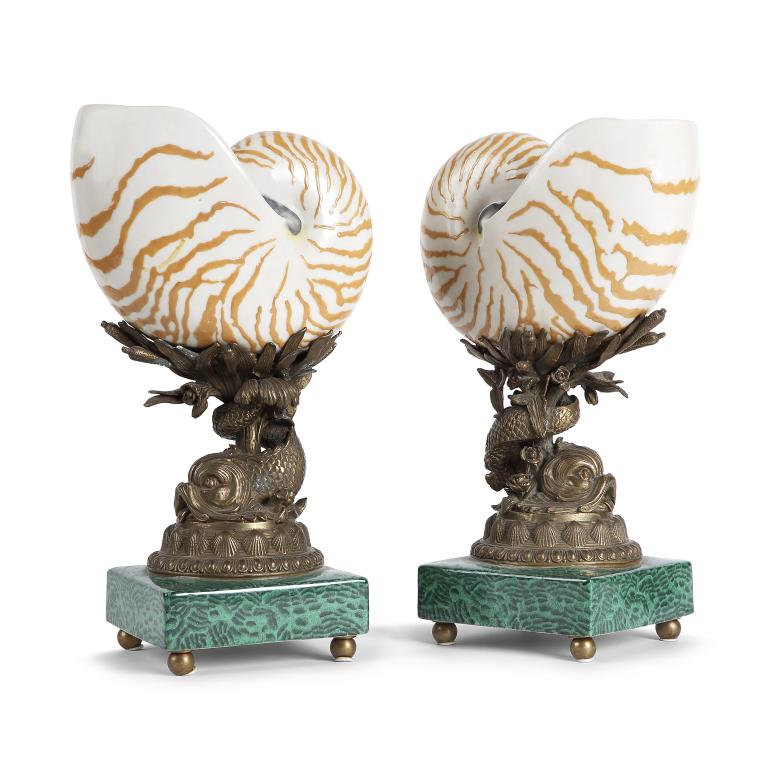 Pair of porcelain nautilus mounted in hanap