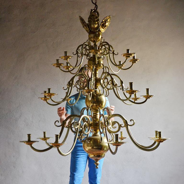 Large Dutch bronze chandelier with human