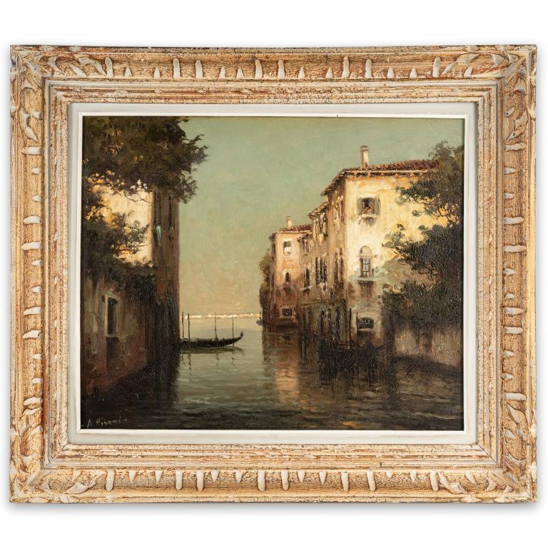 Painting by Angelo Pisani, View of a Canal in Venice, circa 1910