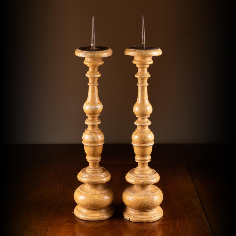 Pair of painted turned wood candlesticks of the Louis XIII period