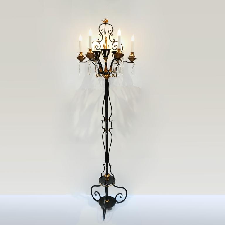 Wrought iron floor lamp with black and gold patina