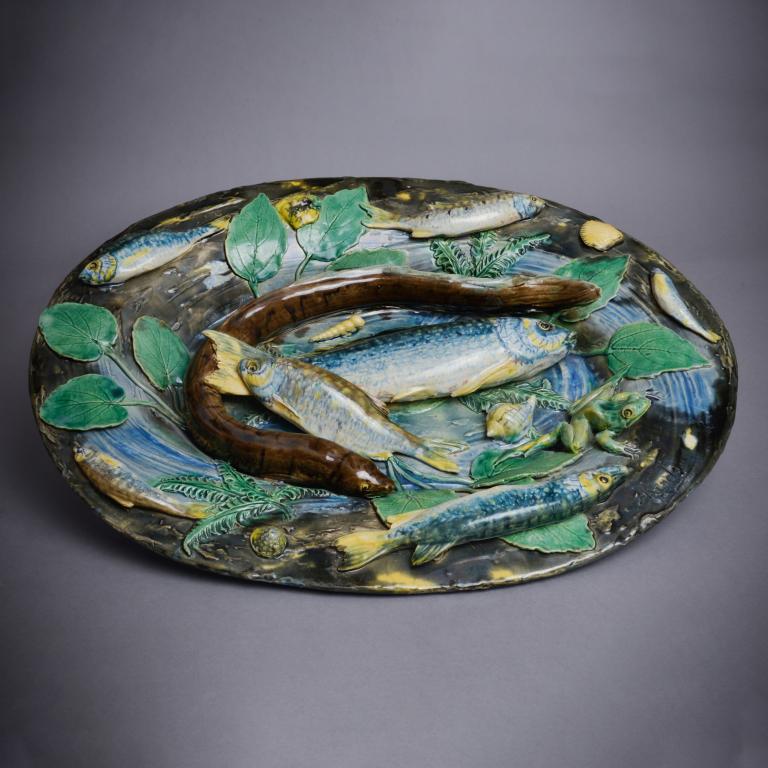 Large ceramic dish with aquatic decoration by Alfred Renoleau
