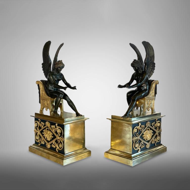 Pair of andirons from the First Empire period, front of the piece