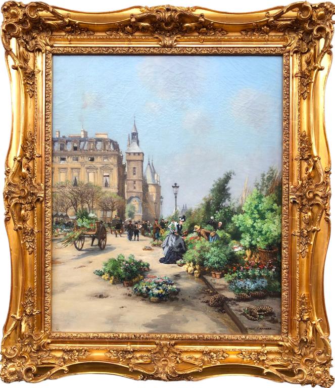Painting by Emile Laborne titled Paris, the Flower Market and the Conciergerie