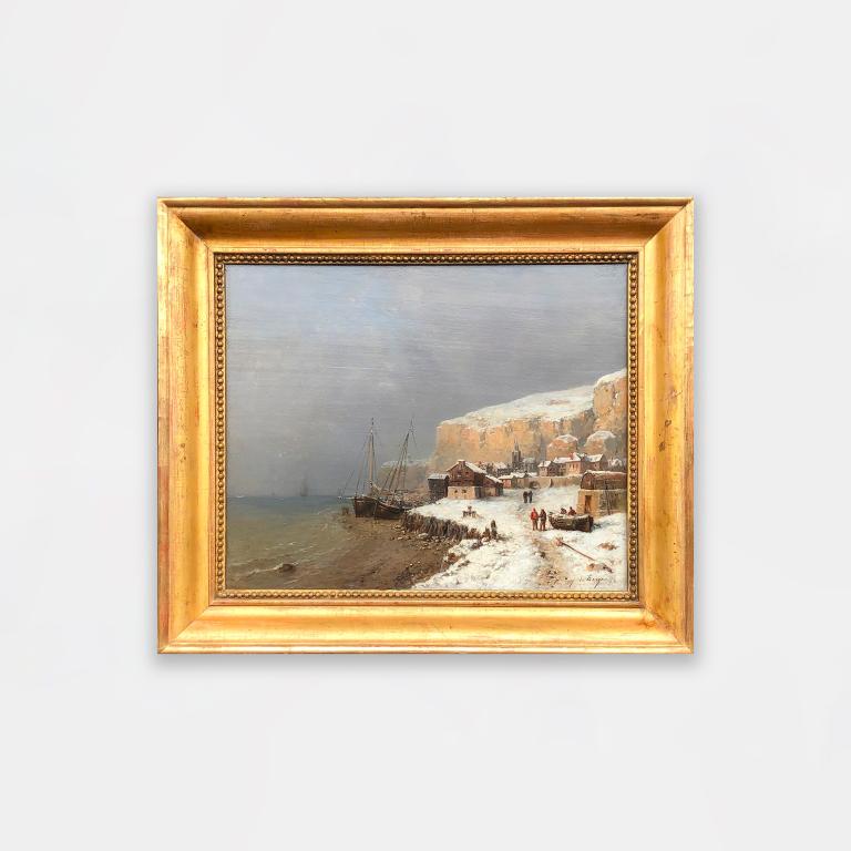 Painting by Tony François de Bergue titled Snow-covered Normandy coast