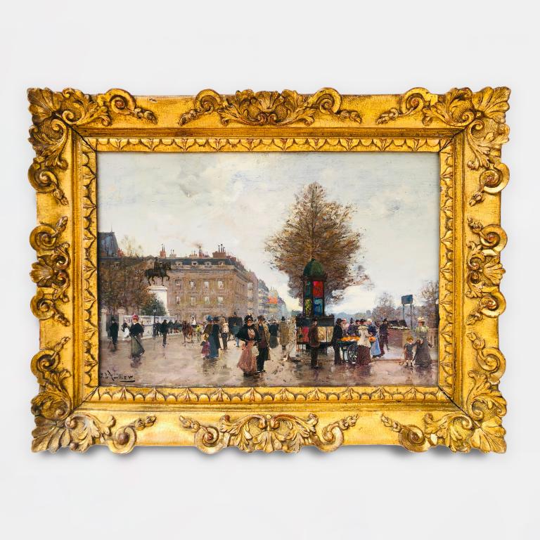 Painting by Jacques L'Huillier, titled Paris in the belle époque, entertainment on the Quai de l'Hôtel de Ville.